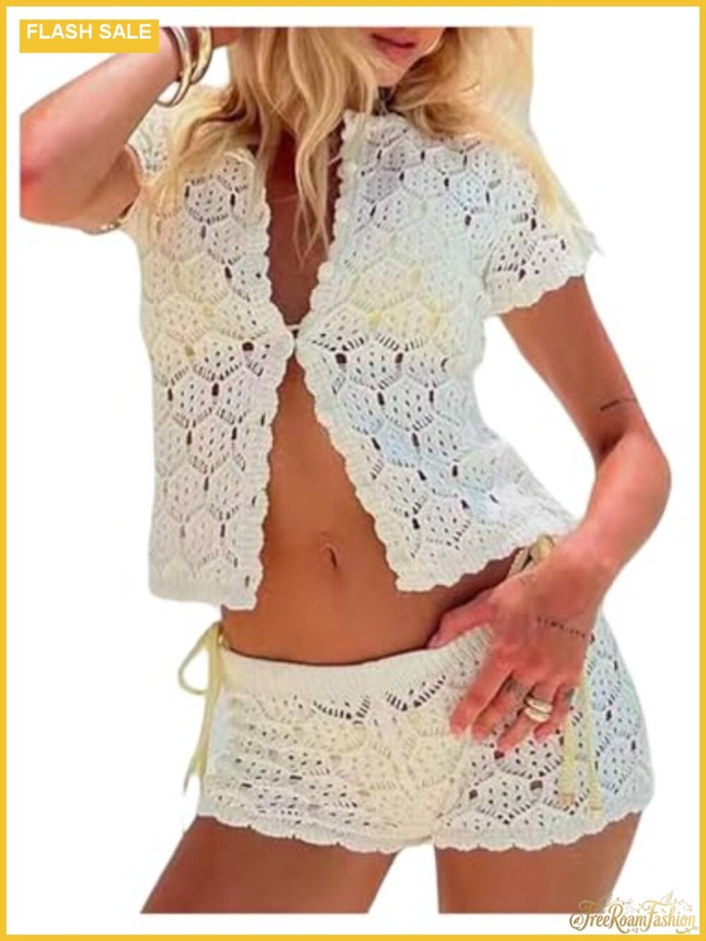 Crochet Knit 2-Piece Shorts Set Women's Button Up Cardigan & High Waisted
